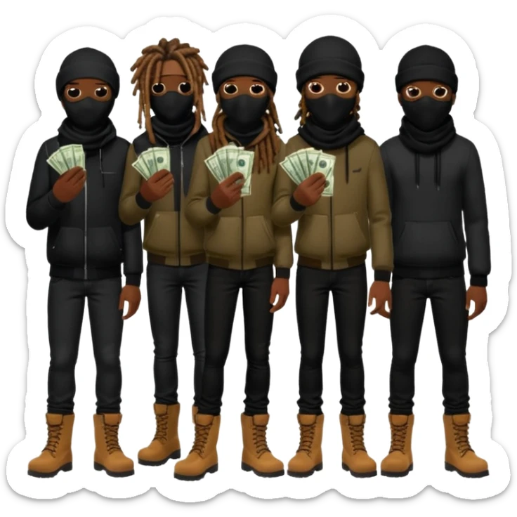 Group of African American men with dreadlocks wearing black ski masks covering their face wearing black skinny jeans and black timberland boots holding money and drugs sticker