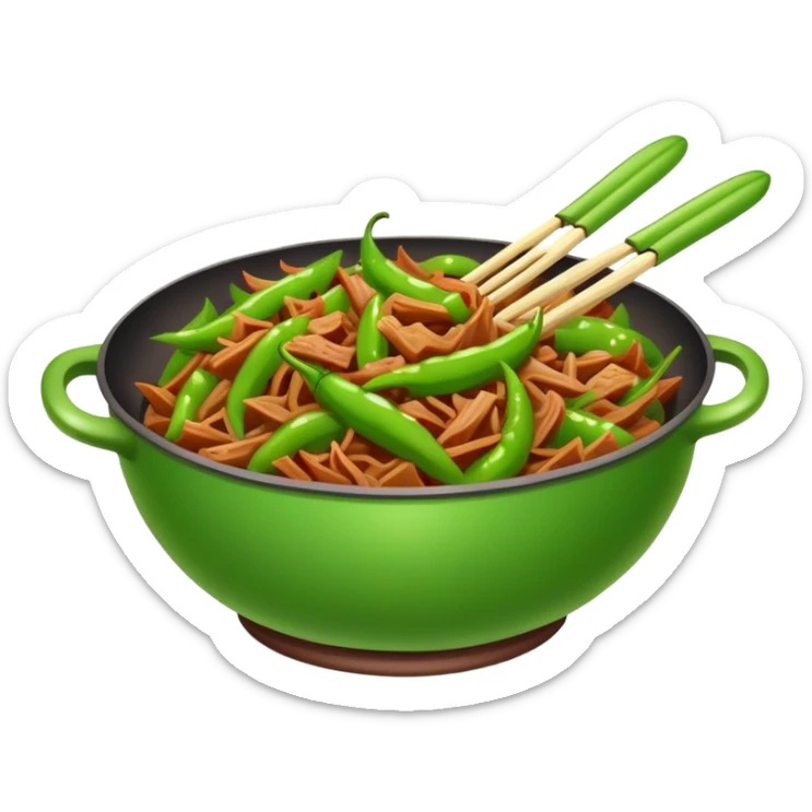 Green Pepper with Shredded Pork in wok, simplified emoji style with bold outlines and bright colors, cartoon style Qing Jiao Rou Si homestyle dish sticker