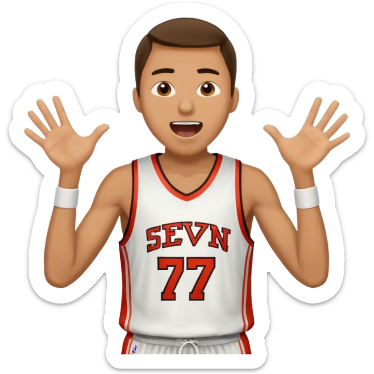 Maverick Trevillian in the crowd at an amateur basketball game. He leans towards the camera and enthusiastically shouts "six seven sticker