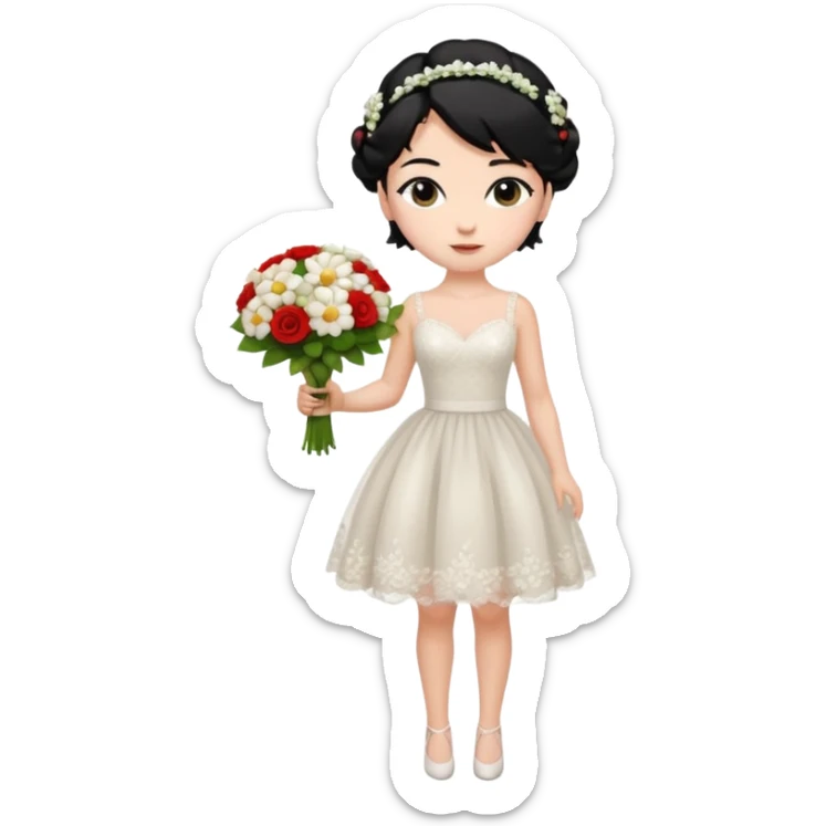 Chica blanca,cuerpo entero, vestido boda corto, pelo negro,   1 ramo de flores , pelo recogido con mechones sticker