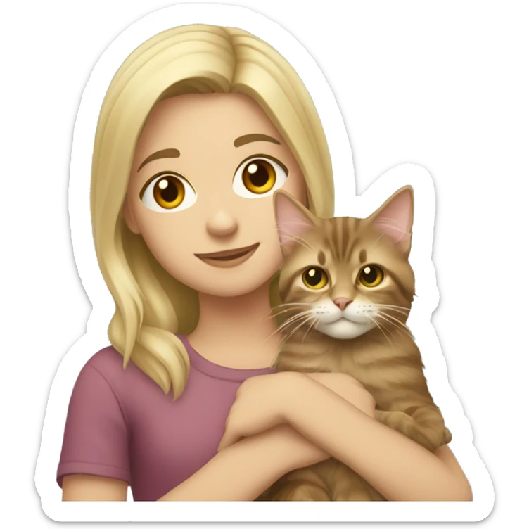 A blonde girl holds a maine coon cat in her arms sticker