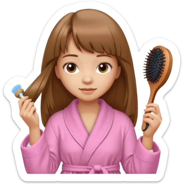 a girl with light skin and medium brown long hair with bangs who is brushing her hair with a hairbrush and she is wearing a light pink bathrobe sticker