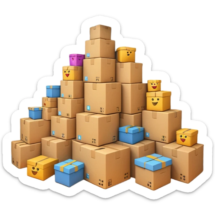 Generate a realistic emoji-style of a overfilled storage room where the packages dont have much space and everything seems chaotic and te packages are falling over sticker