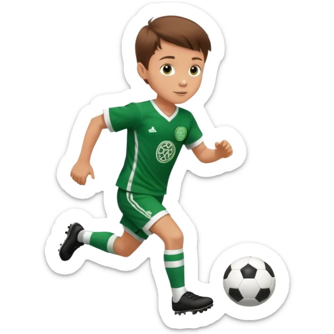 Brown hair 6 years old white boy footballer RUNNING playing soccer wearing CELTIC  UNIFORM  ( jersey) # 17 in the jersey !  sticker