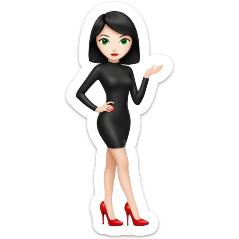 🕵🏻‍♀️💦🧥 black hair , green eyes , full body , red high heels , black latex dress , sticker