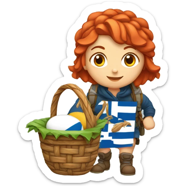 Greek red hair female winter mountaineer climbing with Easter eggsbasket and Greek flag sticker
