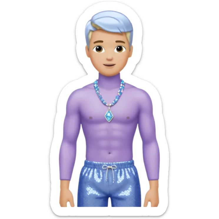 Ken from Barbie with blonde hair, perwinkle sequin baggy pants, shirtless with necklace  sticker