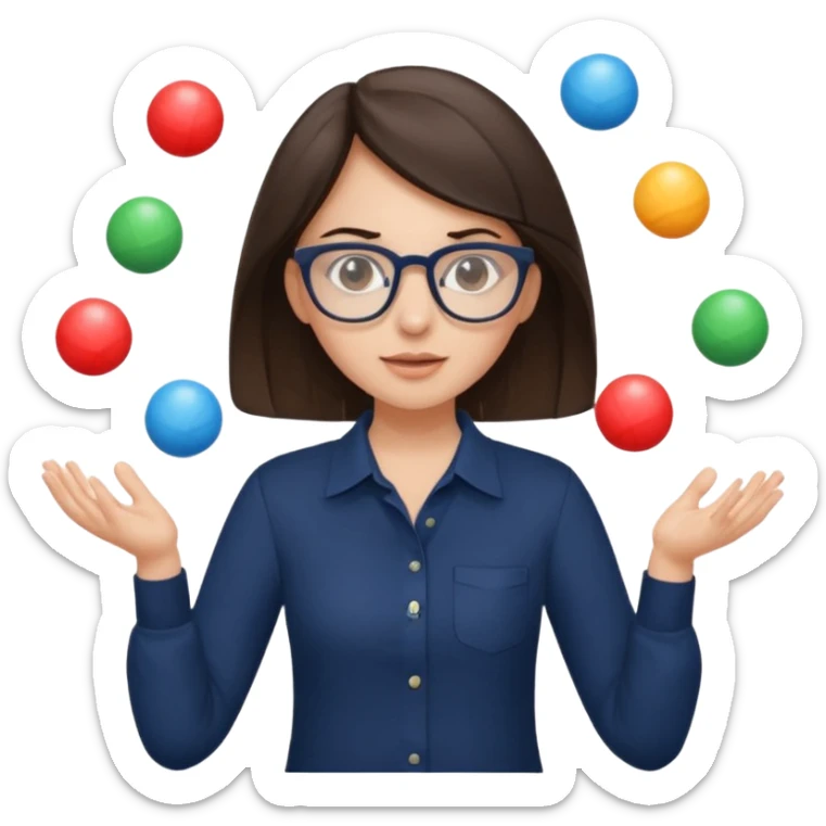 a brunette girl in a navy shirt wearing glasses is  juggling  with two hands  sticker