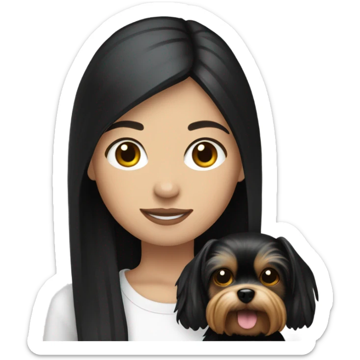 teenage white girl with black straight hair holding a yorkie dog sticker