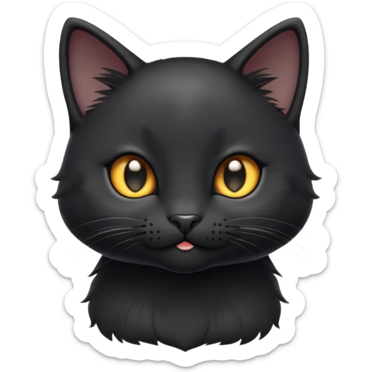 cinematic-cute-black-kitten cat-portrait-emoji,-head-tilted-playfully-and-inquisitively,-sleek-black-fur-with-subtle-hints-of-deep-gray,-simplified-yet-adorable-features,-highly-detailed,-glowing-with-a-warm,-friendly-glow sticker