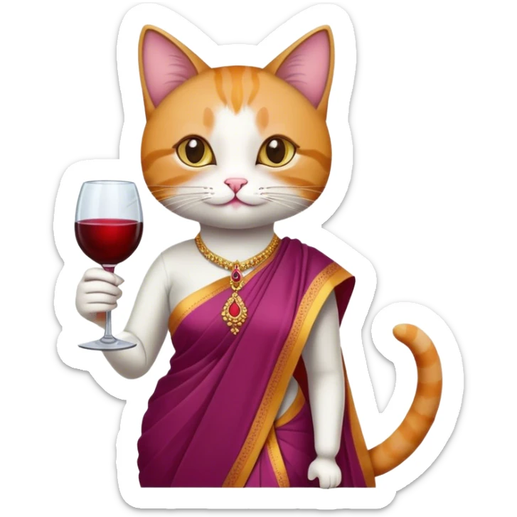 Cat wearing saree and wine bottle in one and wine glass in another hand sticker