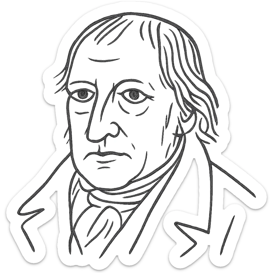 a hand drawn black outline portrait of philosopher Hegel with similar-sized eyes based a famous portrait of him sticker