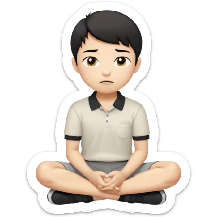 A cartoon young Asian boy with short black hair, light beige skin, and large expressive eyes, wearing a white polo shirt, gray pants, and black shoes. He sits cross-legged on the ground, one fist resting on his cheek, with a closed-mouth smirk. Clean lines, flat colors, solid black background. sticker