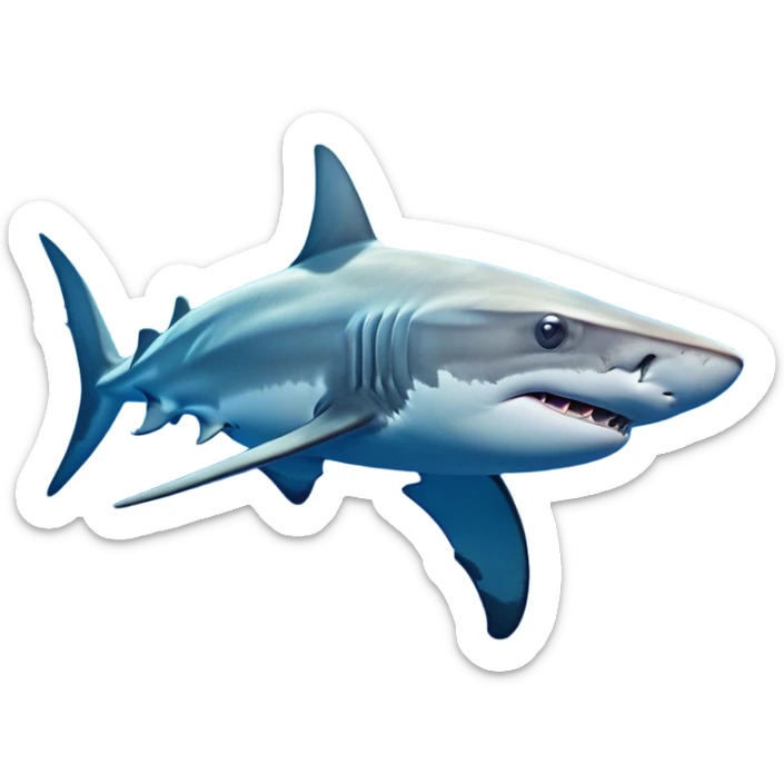 Cinematic Noble Hammerhead Shark Portrait Emoji, Poised and regal, with a broad, flattened hammer-shaped head, wide-set eyes, and a streamlined, powerful body gliding through deep blue waters, Simplified yet sharp and sophisticated features, highly detailed, glowing with a cool, oceanic luminescence, high shine, intelligent and commanding, stylized with an air of marine authority, focused and vigilant, soft glowing outline, capturing the essence of a watchful and confident predator that appears ready to glide out of the screen with effortless power! sticker