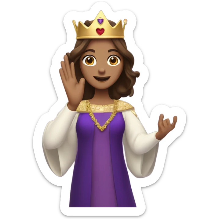 Caucasian long  brunette woman wearing formal royal purple robes and a crown whose shows hearts to the man she adores  sticker