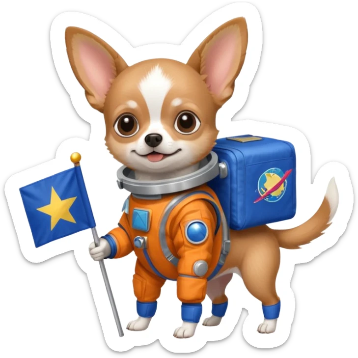 a chihuahua dog in space suit, holding blue rectangle flag, full body, front view sticker