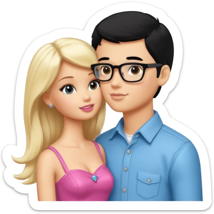 pretty light blonde girl barbie kissing boy nerd with black hair and tan skin on the cheek sticker