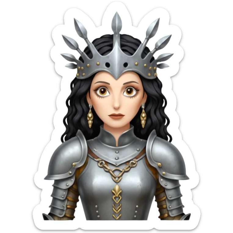 realistic cinematic actress Cher in baroque styling like Joan of Arc dirty damaged armor in a forest sticker