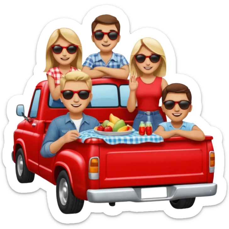 People having a picnic in the back of a red pick up truck sticker