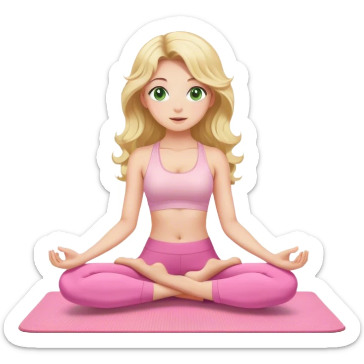 blonde long curled hair and green eyes yoga beautiful girl in light pink pink pink clothes sitting on a yoga mat sticker