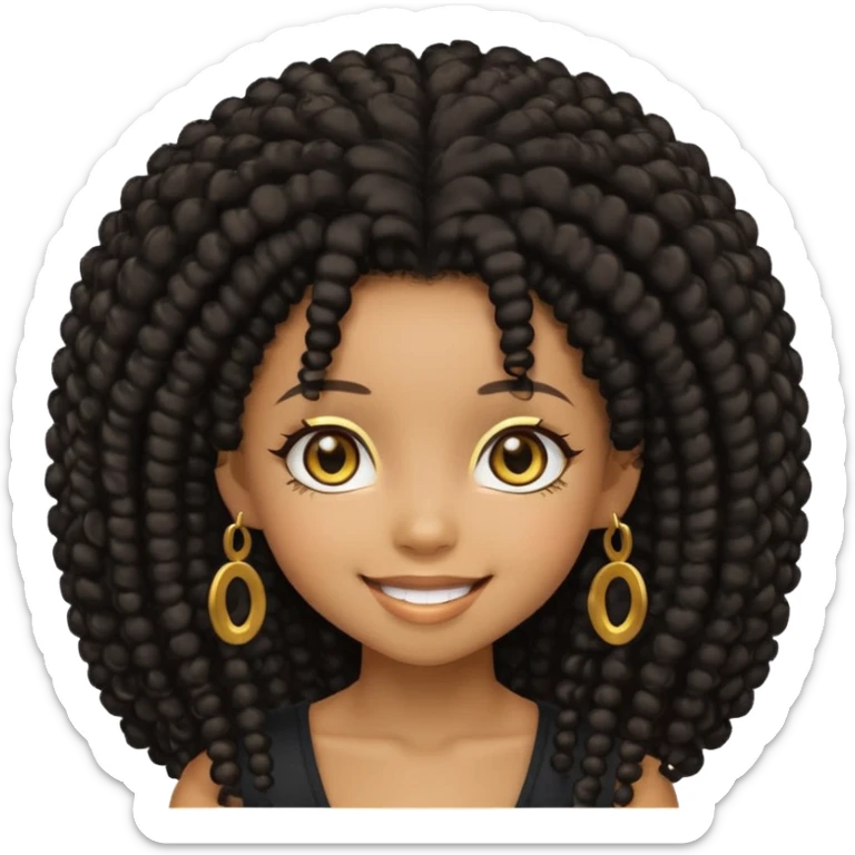 Create a black chibi girl with long afro hair and beautiful gold eyes with a smile sticker