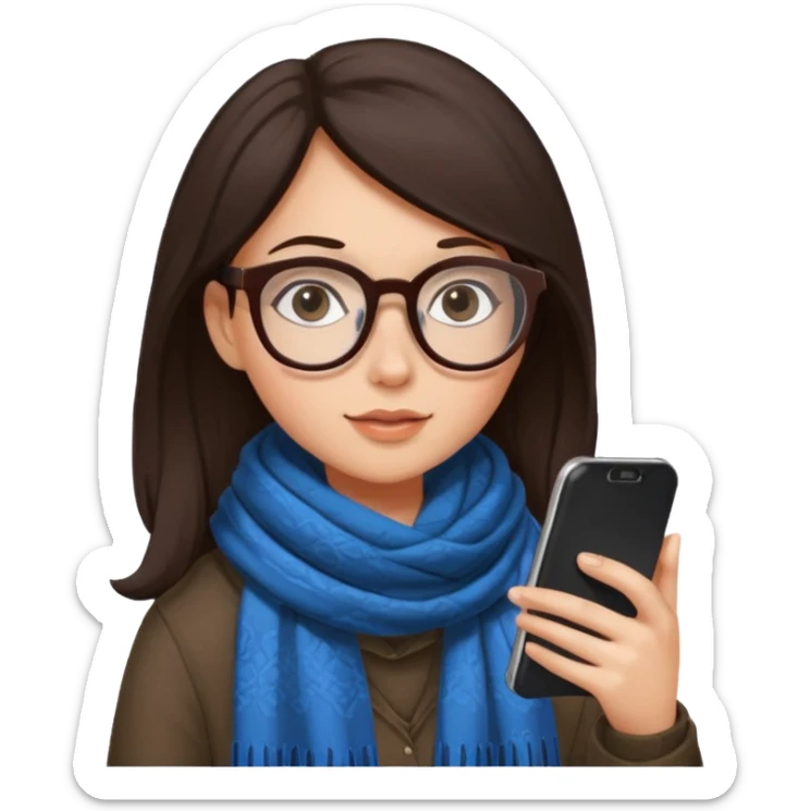 Fille châtain foncé avec lunettes. Elle porte une grosse écharpe. Elle est sur dans un toilettes. Téléphone en main sticker