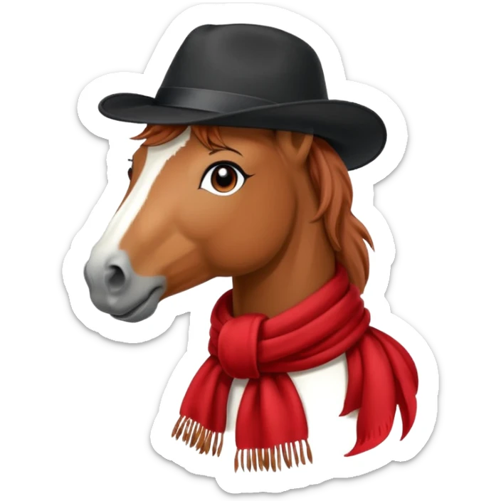 fabulous funny winter horse in a black hat cap with a red scarf sticker