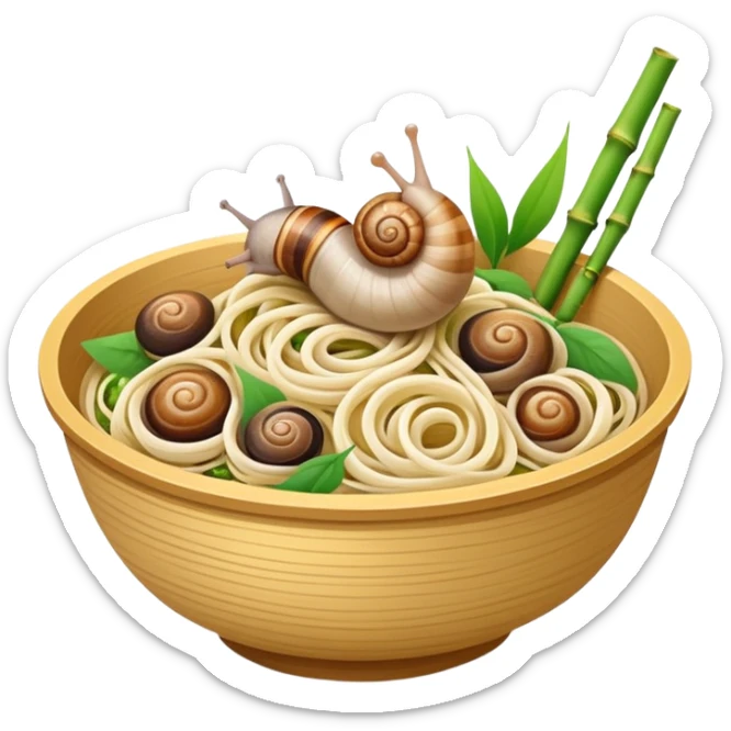Liuzhou Snail Rice Noodles with river snails and sour bamboo, simplified emoji style with bold outlines and bright colors, cartoon style Guangxi Luosifen sticker