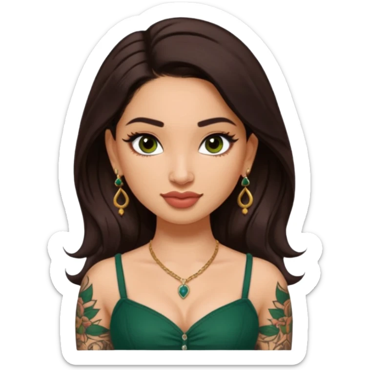 pretty bratz genmoji that looks like tamannah bhatia (bollywood actress), wearing a dark green sweetheart neckline top, dark brown hair, light makeup, no necklace, dangly earrings, side hair part, dark brown eyes, with full tattoos and neck tattoo sticker