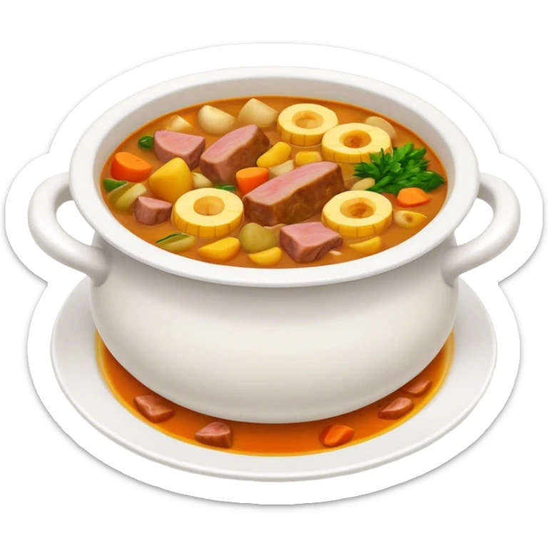 Cinematic Realistic Sancocho Soup Dish Emoji, featuring a rich, hearty stew with diverse meats and vegetables rendered with lifelike detail and warm, comforting lighting. sticker