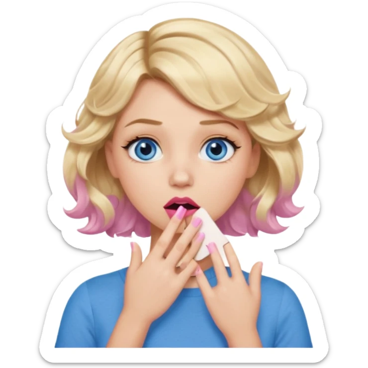 Girl Blonde short wavy hair,  blue eyes, cute blue top, long lashes, pink lips, shocked, hand over the mouth sticker