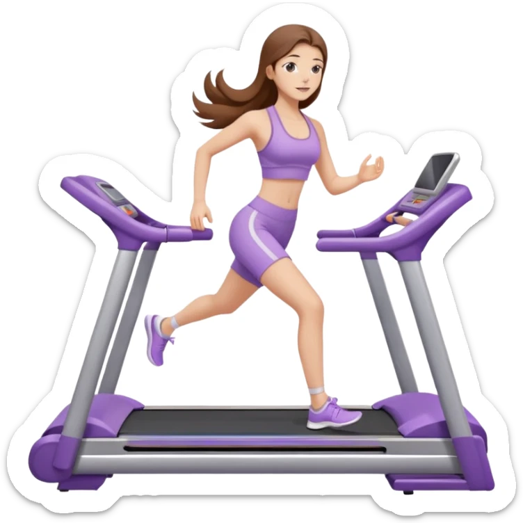 girl with long brown hair on treadmill wearing light purple yoga set sticker