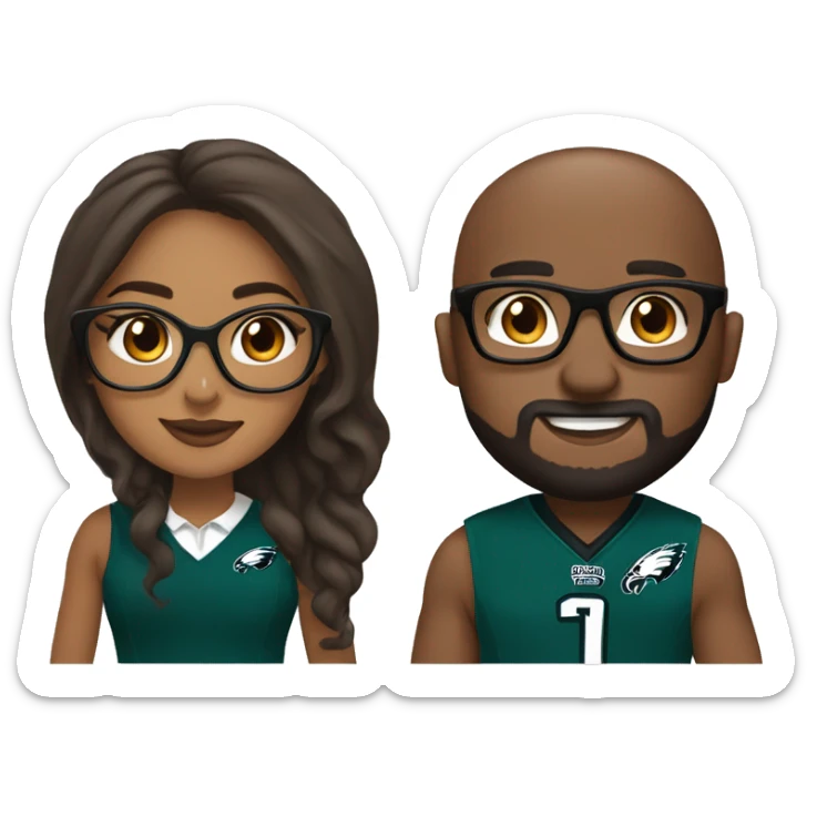 Brown skin girl wearing glasses holding hands with brown skin guy with beard wearing Philadelphia eagles clothing  sticker