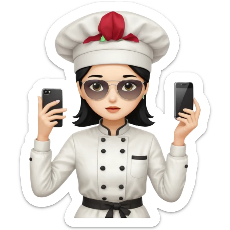["A sad woman with light skin, straight hair, wearing a chef hat and sunglasses, dressed in K-pop fashion, is dancing while holding a phone."] sticker