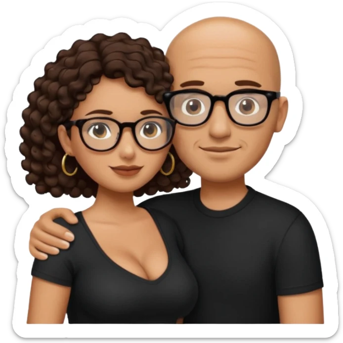 A picture of an embracing tanned couple. the man is a Mexican man with tanned skin, NO GLASSES, with a bald hair cut, short beard and wearing a black shirt. the woman is short with long curly dark brown hair and with big boobs. Put glasses on the woman.  sticker