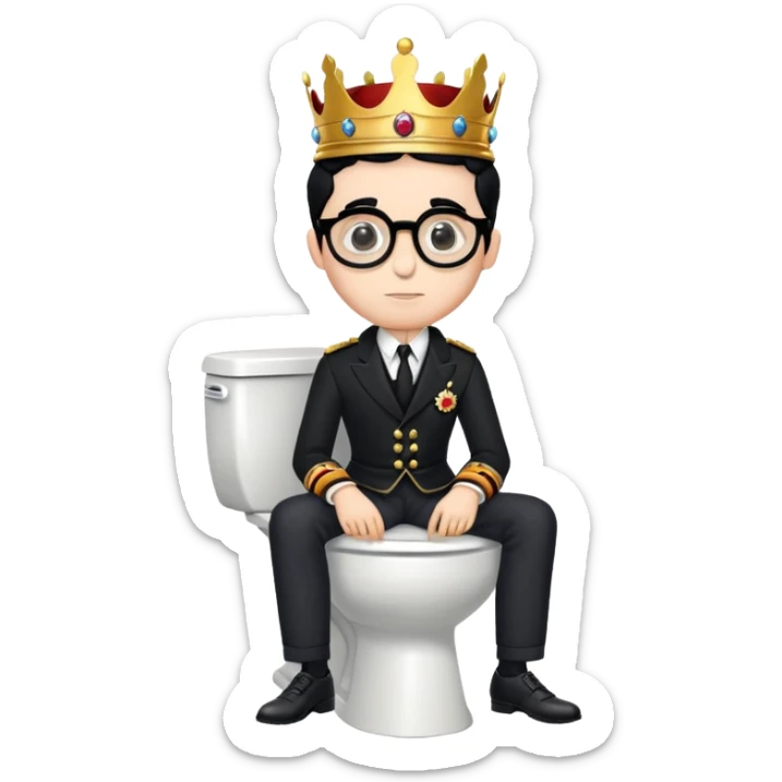 King Charles III with royal crown sitting on a toilet, wearing round glasses and black hair sticker