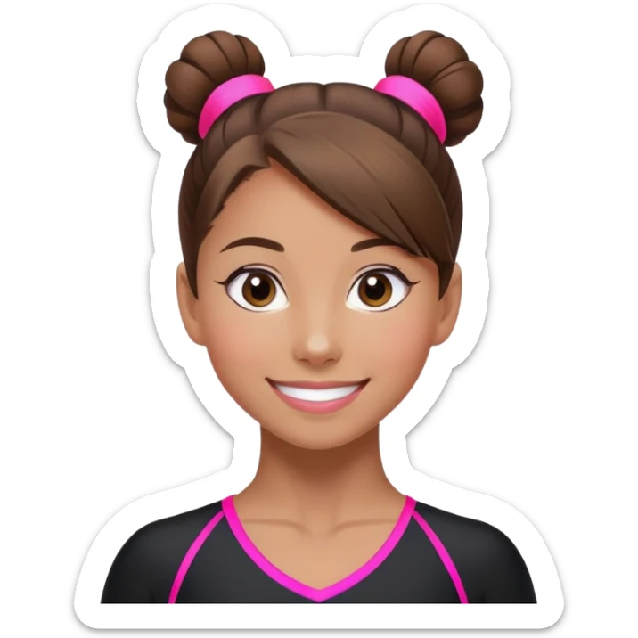 Happy female gymnast with brown hair in a neat bun, wearing a black uniform with neon pink elements. sticker