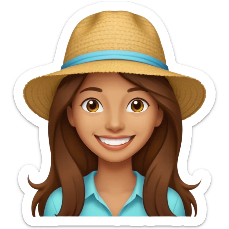 woman with long brown hair on vacation, happy and smilling with theeth and a hat sticker