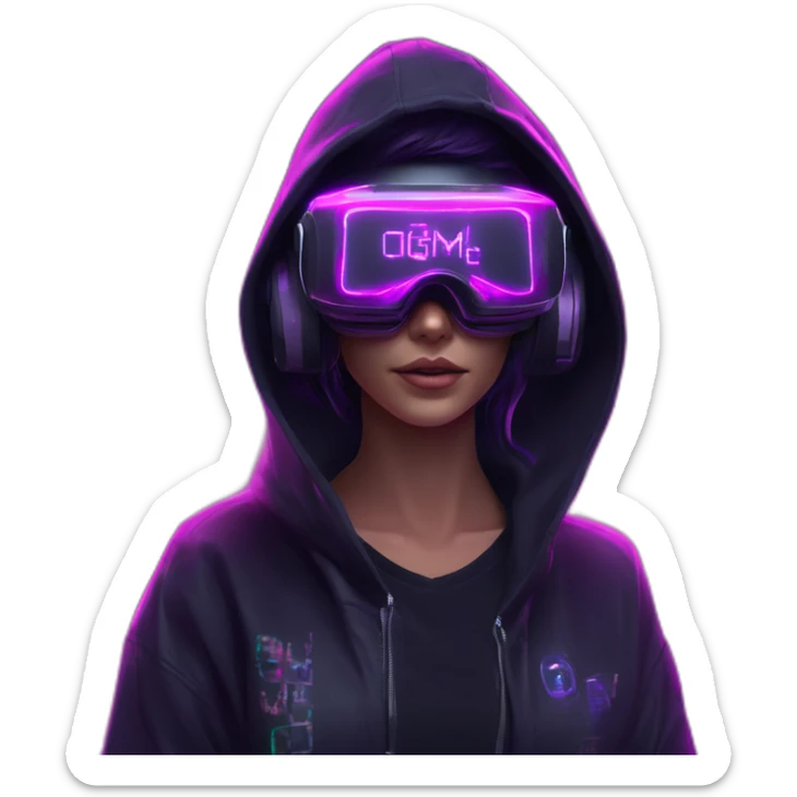 Nikulin Yurii wearing a black hoodie with "OMG" letters on it and VR headset in a cyberpunk VR environment with violet neon lighting. sticker