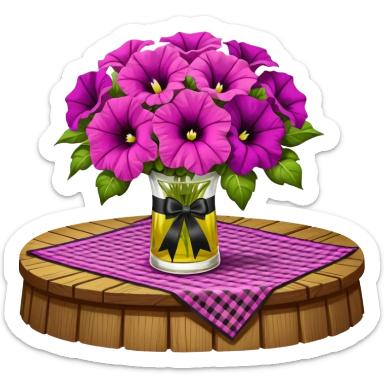 A lush bouquet of bright light margenta color petunia black satin ribbon, resting on an antique wooden table, with a pale yellow and pink plaid pattern table cloth sticker