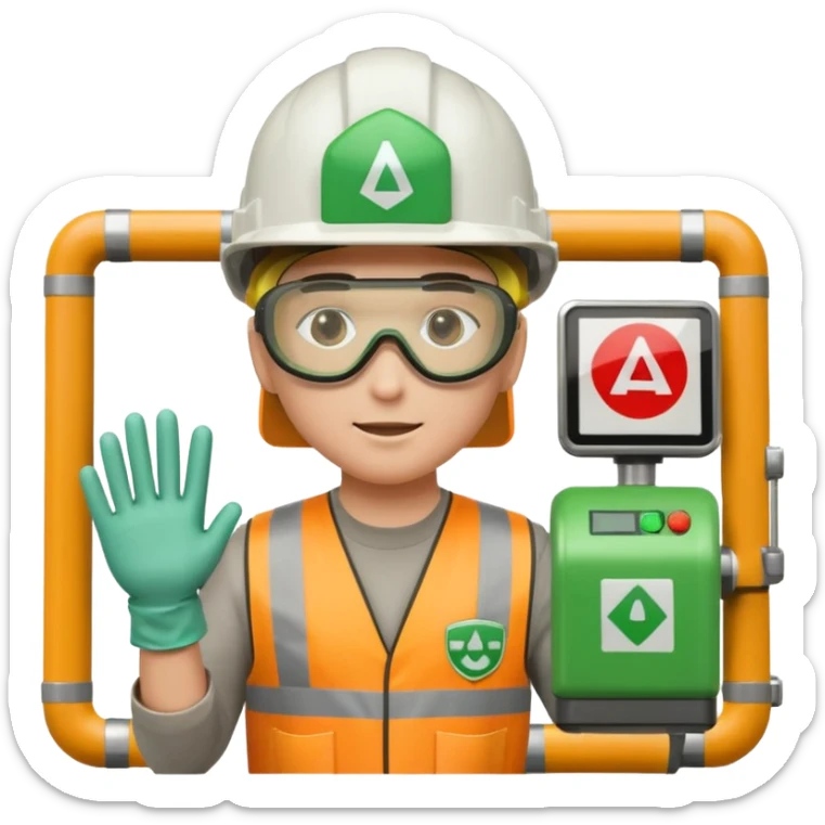emoji-style icon of industrial worker in PPE helmet goggles gloves next to press machine with green shield symbol safety barriers subtle warning signs warning and stop signs clean clear modern look yellow orange gray green colors sticker