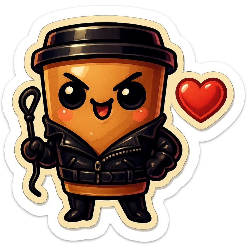 Tall coffee cup, dressed in leather holding a whipping crop, mischevious, heart sticker