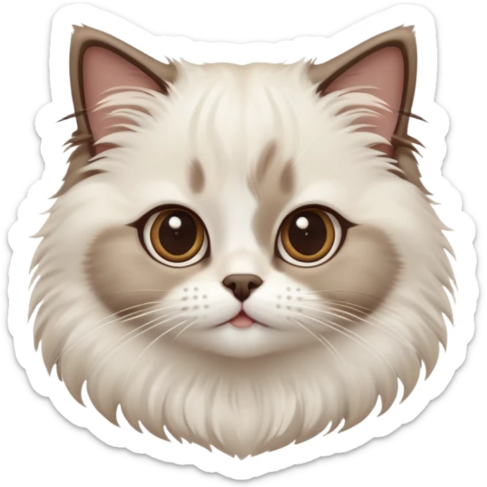 cinematic-adorable-big-eyed-fluffy-white brown-ragdoll-cat-portrait-emoji,-head-tilted-playfully-with-a-sweet-expression,-fluffy-brown seal colour with white-fur,-simplified-yet-irresistibly-cute-features-with-large,-expression, sticker