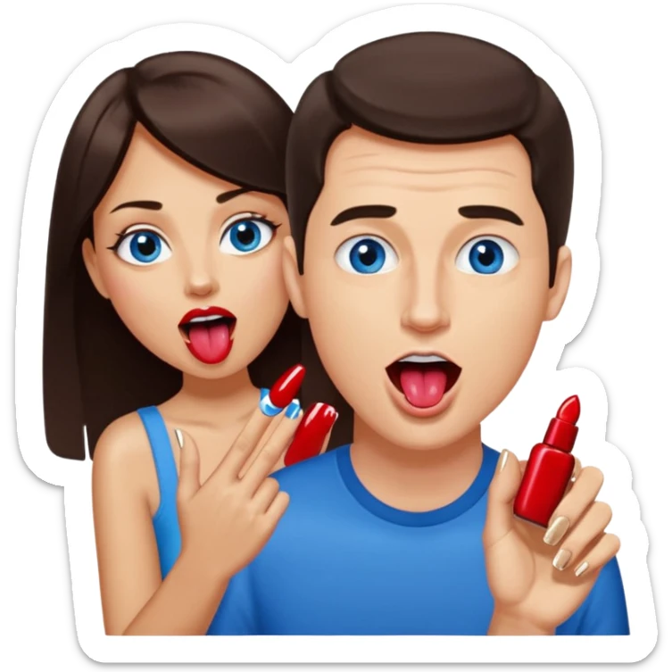 A side profile of a white man with dark brown hair and blue eyes with his mouth open and tongue out so he looks like he is about to lick the beautiful, well groomed, woman’s feet, with deep red painted nails, in front of his face. A close up of one good looking man licking feet and loving it. sticker