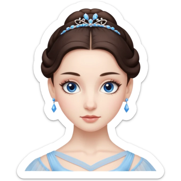 Realistic Ballerina Portrait, with porcelain-like skin featuring a natural rosy flush, illuminated by soft lighting that highlights the gentle contours of her face. Her Brunette hair flows in soft, Her deep blue eyes radiate warmth and innocence, framed by arched brows and long lashes. sticker