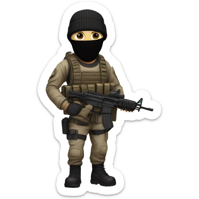 White male, call of duty black mask, camo tactical gear, tan combat boots, black beanie, blue eyes sticker