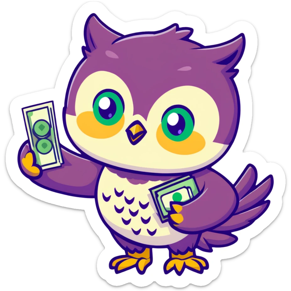 cute owl character symbolizing wealth luck, large green eyes, sparkling golden feathers, holding a money pouch in its feet, pastel tones, charming sticker style sticker