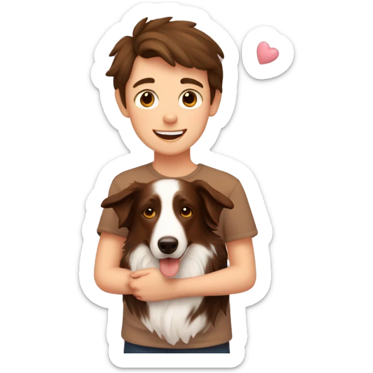 boy with brown hair holding a tan border collie with love hearts around them  sticker