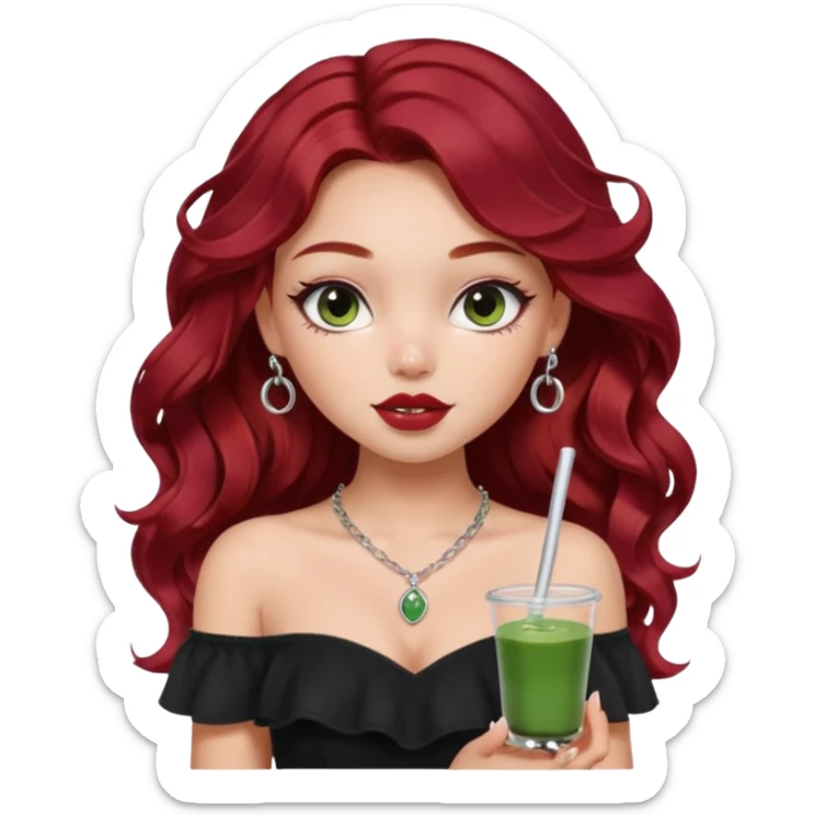 a pretty fair bratz girl with wavy dark red hair, wearing a black off shoulder top . silver dainty layered necklaces, carrying a matcha sticker
