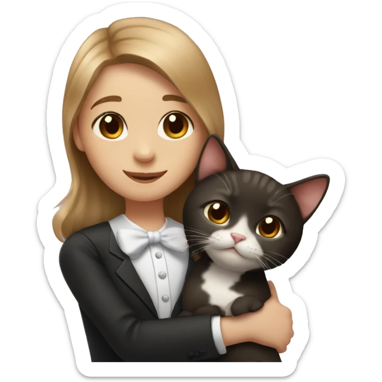 girl with light brown hair & brown eyes hugging tuxedo cat sticker